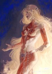 1girl baldur&#039;s_gate baldur&#039;s_gate_3 black_lips blank_eyes blonde_hair blue_background bodysuit breasts circlet collarbone cowboy_shot detached_sleeves dungeons_&amp;_dragons dungeons_&amp;_dragons headpiece highres long_hair orin_the_red red_bodysuit skin_tight skyorange smile solo standing watermark