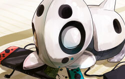 aron broken cable circuit_board closed_eyes commentary controller game_controller gen_3_pokemon handheld_game_console inudomooo joy-con nintendo nintendo_switch no_humans one-hour_drawing_challenge pokemon pokemon_(creature) sleeping solo