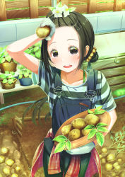 1girl aiuabo arm_up bangs_pinned_back black_eyes black_hair bra_strap clothes_around_waist commentary_request day denim female_focus fence flower garden gloves hair_bun hair_flower hair_ornament hat hat_basket highres hoe holding holding_unworn_clothes holding_unworn_hat hose leaf long_hair looking_at_viewer md5_mismatch open_mouth original outdoors overalls plant potato potato_hair_ornament potted_plant resolution_mismatch shirt shirt_around_waist short_sleeves single_hair_bun solo source_larger striped_clothes striped_shirt sweat unworn_hat unworn_headwear white_flower white_gloves wiping_forehead wooden_fence