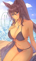 1girl alternate_costume animal_ears bikini black_bikini black_hair blue_eyes blue_sky blush breasts cleavage collarbone commentary_request cowboy_shot dark-skinned_female dark_skin day earrings hand_on_own_chest highres horse_ears horse_girl horse_tail jewelry large_breasts long_hair looking_at_viewer navel necklace ocean outdoors remi-yuka-taimama sidelocks single_earring sitting sky solo speech_bubble split_ponytail stomach swimsuit symboli_kris_s_(umamusume) tail translation_request umamusume very_long_hair wooden_deck