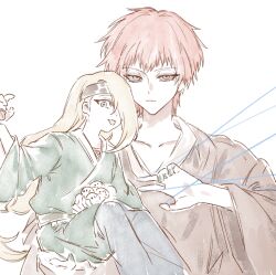 2boys :p black_sclera blue_eyes child closed_mouth colored_sclera deidara_(naruto) expressionless extra_mouth eyeliner fishnet_top fishnets forehead_protector green_nails happy holding japanese_clothes kimono long_hair low_ponytail m11080505 makeup male_focus multiple_boys naruto_(series) naruto_shippuuden ponytail red_eyes red_hair robe sasori_(naruto) short_kimono simple_background tongue tongue_out