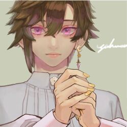 Rule 34 | ambiguous gender, androgynous, astrology, brown hair, crescent, crystal earrings, earrings, flower, gemini (zodiac), hair between eyes, jewelry, long sleeves, looking at viewer, nail polish, original, pink eyes, shirt, short hair, simple background, star (symbol), white shirt, yksm ktn, zodiac