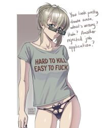 1girl absurdres artist_name black_nails black_panties blonde_hair blue_eyes brown_background clothes_writing collarbone commentary contrapposto english_commentary english_text green_shirt highres looking_at_viewer medium_hair original panties profanity puto_trash rectangular_eyewear shirt simple_background solo two-tone_background underwear white_background