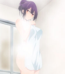 1girl absurdres anime_screenshot blush closed_mouth cowboy_shot female_focus haite_kudasai_takamine-san highres indoors looking_at_viewer naked_towel purple_hair red_eyes short_hair solo standing steam stitched takamine_takane third-party_edit towel