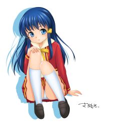 1girl absurdres amasawa_ikumi blue_eyes blue_hair hair_ornament hairclip highres long_hair moon_(game) pleated_skirt sakamoto_(skmoont) school_uniform sitting skirt solo