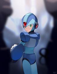 Rule 34 | 1boy, absurdres, android, arm cannon, armor, blue armor, blue helmet, blurry, blurry background, blurry foreground, buzzsaw (6631455), cowboy shot, forehead jewel, from behind, green eyes, helmet, highres, looking at viewer, looking back, male focus, mega man (series), mega man x (series), solo focus, weapon, x (mega man)