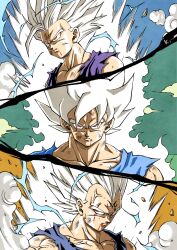 Rule 34 | 3boys, aura, blonde hair, dragon ball, dragonball z, electricity, highres, kakeru (dbskakeru), male focus, multiple boys, muscular, muscular male, red eyes, son gohan, son goku, spiked hair, super saiyan, super saiyan 1, super saiyan 2, upper body, vegeta