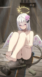 1girl absurdres azusa_(blue_archive) bar_censor bare_shoulders barefoot blue_archive censored completely_nude crossed_bangs flower hair_between_eyes hair_flower hair_ornament halo highres kitabana long_hair looking_at_viewer low_wings nude purple_eyes pussy shampoo_bottle shower_head soap solo toes white_hair white_wings wings yellow_halo