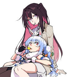 2girls :t animal_ear_fluff animal_ears arm_cuffs ascot azki_(4th_costume)_(hololive) azki_(hololive) black_gloves black_leotard black_pantyhose blue_hair bow braid breasts brown_hair brown_jacket candy carrot_hair_ornament colored_inner_hair commentary don-chan_(usada_pekora) dress expressionless feet_out_of_frame food food-themed_hair_ornament fur-trimmed_gloves fur_scarf fur_trim gloves hair_between_eyes hair_ornament hair_ribbon half-jacket half_up_braid henriiku_(ahemaru) highres holding holding_candy holding_food holding_lollipop hololive jacket leotard leotard_under_clothes lollipop lollipop_in_mouth long_hair looking_to_the_side lying_on_lap mouth_hold multicolored_hair multiple_girls official_alternate_costume open_mouth pantyhose pink_hair pom_pom_(clothes) ponytail purple_eyes rabbit_ears rabbit_girl red_eyes ribbon short_eyebrows simple_background sitting small_breasts strapless strapless_dress streaked_hair thick_eyebrows tongue tongue_out tress_ribbon twin_braids two-tone_hair usada_pekora usada_pekora_(1st_costume) virtual_youtuber white_ascot white_background white_bow white_dress white_hair