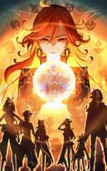 2boys 5girls absurdres ahoge animal_ears aura biker_clothes black_gloves black_jacket braid chasca_(genshin_impact) cloak closed_mouth earrings elf facing_away feet_out_of_frame from_behind genshin_impact gloves hair_between_eyes hand_on_headwear hat headband highres holding_orb hood hood_up hooded_cloak iansan_(genshin_impact) jacket jaguar_ears jaguar_girl jaguar_tail jewelry kinaco_4738 kinich_(genshin_impact) lens_flare long_hair looking_at_object mavuika_(genshin_impact) mualani_(genshin_impact) multicolored_hair multiple_boys multiple_girls orange_eyes orange_hair orb ororon_(genshin_impact) pointy_ears red_hair short_hair silhouette tail twin_braids twintails xilonen_(genshin_impact)
