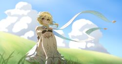 1girl absurdres bare_shoulders blonde_hair bloomers blue_sky boots cloud cumulonimbus_cloud detached_sleeves dress floating_hair floating_scarf flower genshin_impact gloves grass hair_between_eyes hair_flower hair_ornament highres landscape looking_at_viewer lumine_(genshin_impact) luyue on_grass open_mouth scarf short_hair short_hair_with_long_locks sidelocks sky solo thigh_boots underwear white_bloomers white_dress white_flower white_scarf yellow_eyes