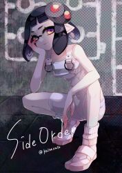 Rule 34 | 1girl, artist name, black hair, bodysuit, boots, closed mouth, commentary request, copyright name, highres, inkling, inkling girl, inkling player character, kainesato, looking at viewer, medium hair, nintendo, pointy ears, red eyes, sleeveless, sleeveless bodysuit, solo, splatoon (series), splatoon 3, splatoon 3: side order, squatting, tentacle hair, twitter username, white bodysuit, white boots