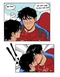 ! !! 2boys absurdres bara batman_(series) black_bodysuit blue_bodysuit blush bodysuit cape dc_comics dick_grayson english_text highres jonathan_kent kiss large_pectorals looking_at_another male_focus multiple_boys muscular muscular_male nightwing pectorals red_bodysuit red_cape speech_bubble superboy superman_(series) suyohara two-tone_bodysuit yaoi