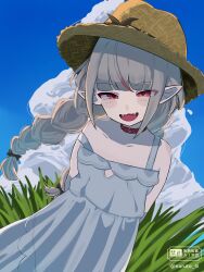 1girl arms_behind_back bare_shoulders belt_collar black_bow black_ribbon blunt_bangs blush blush_stickers bow braid cloud collar collarbone cowboy_shot cumulonimbus_cloud dress dutch_angle fangs grey_hair hair_ribbon half-closed_eyes hat hat_bow highres lace_trim long_hair looking_at_viewer makaino_ririmu makaino_ririmu_(3rd_costume) multicolored_hair naruto_4i nijisanji open_mouth pointy_ears red_collar red_eyes red_hair ribbon sidelocks sky sleeveless sleeveless_dress smile solo standing strap_slip straw_hat streaked_hair sundress twin_braids twitter_username virtual_youtuber watermark weeds white_dress wind yellow_hat