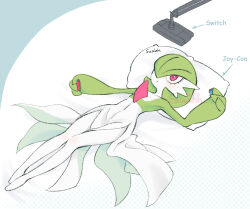1girl :/ armpits arrow_(symbol) artist_name bob_cut closed_mouth collarbone colored_skin comic_sans controller creatures_(company) english_text female_focus flat_chest full_body game_controller game_freak gardevoir gen_3_pokemon green_hair green_skin hair_over_one_eye hand_up head_on_pillow holding holding_controller holding_game_controller joy-con legs legs_together looking_up lying multicolored_skin nintendo nintendo_switch on_back one_eye_covered pillow pokemon pokemon_(creature) red_eyes short_hair signature solo suahh two-tone_skin white_background white_skin