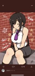 Rule 34 | 1girl, alternate hair color, black eyes, black hair, black shorts, black socks, braid, breasts, brick wall, character name, chiru (218mg), closed mouth, collared shirt, commentary request, english text, evil eye sigma, eyelashes, graffiti, highres, kneehighs, long hair, medium breasts, necktie, one eye closed, purple necktie, rika (touhou), shirt, shorts, sitting, sleeveless, sleeveless shirt, smile, socks, story of eastern wonderland, touhou, touhou (pc-98), twin braids, white shirt