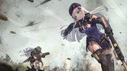 2girls aircraft airplane assault_rifle battle blunt_bangs bullet bullpup caseless_firearm commentary dust explosion g11_(girls&#039;_frontline) girls&#039;_frontline gloves green_eyes gun h&amp;k_g11 h&amp;k_hk416 hat heckler_&amp;_koch highres hk416_(girls&#039;_frontline) holding holding_gun holding_weapon holster horizontal_magazine jacket jay_xu multiple_girls pleated_skirt projectile_trail rifle robot scenery shockwave silver_hair skirt sonic_boom_(speed) straight_hair supersonic_ammunition thigh_holster thigh_strap thighhighs thighs torn_clothes weapon zettai_ryouiki