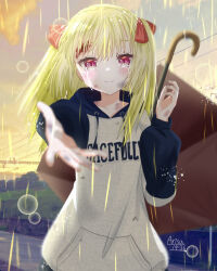 1girl arisuuuuu.1436 blonde_hair highres ibispaint_(medium) long_hair mimi(arisuuuuu1436) original pink_eyes rain sun_shower sunset tearing_up tenkiame two_side_up umbrella