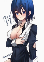 1girl blue_eyes blue_hair blush breasts ciel_(tsukihime) closed_mouth cross cross_necklace dress hair_between_eyes hand_on_own_chest highres jewelry latin_cross long_sleeves looking_at_viewer medium_breasts necklace nun open_clothes open_shirt shirt short_hair simple_background solo traditional_nun tsukihime twitter_username vent_vert_(kuuya) white_background white_shirt