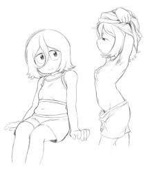 1girl androgynous angel_martinez armpit_hair arms_up boxers breasts clinical_trial_(game) deformed fingernails kidakash male_underwear nipples pubic_hair sitting skindentation small_breasts smile sports_bra underwear undressing