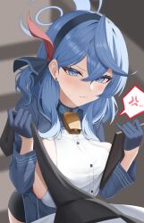 1girl absurdres ako_(blue_archive) bell blue_archive blue_eyes blue_gloves blue_hair blue_halo blurry blush breasts cowbell depth_of_field ein_tiger embarrassed gloves halo highres long_hair looking_at_viewer neck_bell sideboob sideless_outfit sideless_shirt
