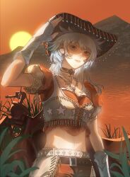 1girl absurdres adventure_ride_(infinity_nikki) belt belt_buckle belt_collar breasts brown_belt brown_eyes brown_sleeves brown_vest buckle chinese_commentary cleavage collar commentary_request cowboy_shot cowgirl_(western) cropped_shirt diamond-shaped_buckle expressionless eyelashes fingerless_gloves fringe_trim gloves grass grey_hair hand_on_headwear hat highres infinity_nikki jewelry lake lips long_hair looking_at_viewer midriff motor_vehicle motorcycle mountain navel necklace nikki_(series) orange_sky outdoors parted_lips pink_lips puffy_short_sleeves puffy_sleeves red_hat red_shirt shirt short_sleeves sidelocks sky solo standing star_(symbol) star_print studded_belt sun sunset swept_bangs teeth tuilihuanghoulingmuyuanzi two-tone_sleeves vest white_belt white_gloves