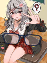 1girl ? absurdres bag belt black_choker black_hair bow bowtie breast_pocket breasts brown_cardigan cardigan choker classroom cleavage collared_shirt curly_hair desk diagonal-striped_bow diagonal-striped_bowtie diagonal-striped_clothes dress_shirt eyewear_view frown grey_hair hair_ornament hairclip heart heart_choker highres hololive large_breasts long_hair long_sleeves looking_at_viewer loose_belt loose_bowtie miniskirt multicolored_hair navel o-ring o-ring_belt o-ring_choker octopus_hair_ornament on_desk pink_nails plaid_clothes plaid_skirt pleated_skirt pocket red_bow red_eyes red_skirt sakamata_chloe sakamata_chloe_(gyarumata) school_bag school_desk school_uniform shirt sitting skirt solo speech_bubble spoken_question_mark streaked_hair striped_clothes sweatdrop underboob virtual_youtuber w white_shirt wing_collar wooden_floor x-ray x-ray_glasses x-ray_vision x_hair_ornament yadokaribeer zipper zipper_pull_tab