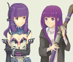 Rule 34 | 2girls, blunt bangs, breasts, brown hair, cleavage, color connection, commentary, crossover, fern (sousou no frieren), grey background, hair color connection, hairstyle connection, half updo, holding, holding staff, hoshi to tsubasa no paradox, long hair, look-alike, looking at another, multiple girls, purple hair, reika (hoshi to tsubasa no paradox), sidelocks, small breasts, sousou no frieren, staff, symbol-only commentary, tsutamine tomori, upper body