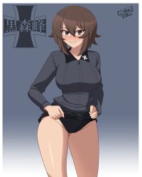 Rule 34 | absurdres, artist name, black collar, black panties, black skirt, breasts, brown eyes, clenched hands, clenched teeth, collar, cross, dress shirt, emblem, girls und panzer, gradient background, grey shirt, hands on own hips, highres, insignia, julian belkan, kuromorimine (emblem), kuromorimine school uniform, large breasts, looking at viewer, nishizumi maho, panties, school uniform, shirt, short hair, skirt, smile, teeth, thick thighs, thighs, underwear, wing collar