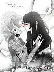 2017 2girls artist_name black_choker black_dress black_hair blonde_hair blush choker closed_eyes dated dress earrings final_fantasy final_fantasy_xv gentiana greyscale hands_on_another&#039;s_shoulder highres imminent_kiss jewelry kiss long_hair long_sleeves lunafreya_nox_fleuret monochrome multiple_girls numinoceur ponytail simple_background speech_bubble upper_body white_dress yuri