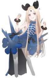 1girl abigail_williams_(fate) abigail_williams_(fgo_fes._2025)_(fate) bare_shoulders blonde_hair blue_dress curled_horns dress fate/grand_order fate_(series) flat_chest heart highres horns keyhole kotowaza leaning_forward long_hair looking_at_viewer pantyhose red_eyes smile solo tentacles very_long_hair