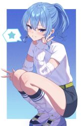 1girl belt blue_background blue_eyes blue_hair blue_nails blue_sky border detached_sleeves double-parted_bangs double_v earrings green_belt grin hair_between_eyes hand_up highres hololive hoshimachi_suisei hoshimachi_suisei_(10th_costume) jewelry kneehighs looking_at_viewer loose_socks miniskirt nail_polish nametakeko official_alternate_costume ponytail ribbed_sleeves ring shirt shirt_tucked_in short_hair short_sleeves sidelocks simple_background skirt sky smile socks solo spoken_star squatting star_(symbol) star_earrings star_in_eye symbol_in_eye v virtual_youtuber white_border white_shirt white_sneakers white_socks