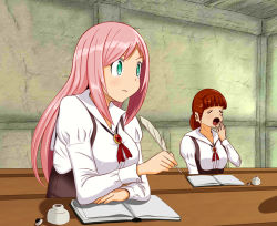 2girls aqua_eyes book breasts brown_hair desk closed_eyes feathers g6triglav inkwell large_breasts long_hair multiple_girls open_book open_mouth original pink_hair quill school_desk sitting table uniform yawning