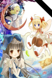 Rule 34 | 3girls, :d, absurdres, ascot, black bow, black hair, blonde hair, blue bow, blue dress, blush, bow, brown eyes, candy, collar, cream, cream on face, crescent moon, dress, drill hair, fairy, fairy wings, food, food on face, hair bow, hat, hat bow, highres, holding, holding brush, jelly bean, jug (bottle), juliet sleeves, licking lips, long hair, long sleeves, luna child, medium hair, milk, moon, multiple girls, okemai, open mouth, paintbrush, painting (action), pouring, puffy sleeves, purple eyes, red bow, red collar, sitting, smile, star (symbol), star sapphire, sunny milk, tongue, tongue out, touhou, transparent wings, twintails, whipped cream, white background, white dress, white hat, white headdress, white sleeves, wings, yellow ascot