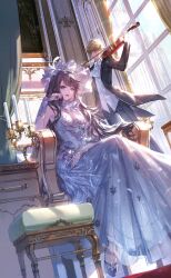 Rule 34 | 1boy, 1girl, artist request, ascot, bare shoulders, black coat, black pants, black suit, blonde hair, blue shoes, bonnet, bow, bow (music), bowtie, breasts, brown hair, candle, candlestand, castle, chair, cleavage, closed mouth, coat, coattails, collar, crescent print, curtains, detached collar, dress, dress pants, faceless, faceless male, feather-trimmed dress, feathers, floating clothes, floating hair, formal clothes, frilled collar, frilled headwear, frills, game cg, gown, grey eyes, hand on lap, hand on own face, high collar, highres, holding, holding bow (music), holding instrument, holding violin, indoors, instrument, light smile, lilith (shining nikki), lipstick, long dress, long hair, low ponytail, makeup, mirror, music, nikki (series), nolan (shining nikki), official art, on chair, open clothes, open coat, pants, playing instrument, pleated dress, ponytail, red lips, shining nikki, shirt, shoes, sidelocks, sitting, solo focus, standing, star (symbol), star lurk (shining nikki), star print, stool, strapless, strapless dress, suit, swept bangs, tuxedo, very long hair, violin, white arm warmers, white ascot, white bonnet, white bow, white bowtie, white collar, white dress, white shirt, window