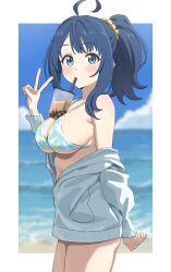 1girl absurdres ahoge bare_shoulders beach bikini blue_eyes blue_hair blurry blush border breasts bubble_tea bubble_tea_challenge cleavage commentary_request cup disposable_cup drinking_straw drinking_straw_in_mouth grey_jacket hair_ornament hair_scrunchie highres horizon jacket large_breasts long_sleeves looking_at_viewer make_heroine_ga_oo_sugiru! object_on_breast ocean off_shoulder outside_border ponytail print_bikini scrunchie sincos solo swimsuit thighs v white_border yanami_anna yellow_scrunchie