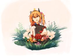 1girl a.i._voice absurdres adachi_rei black_shirt brown_background bug butterfly butterfly_on_head flower grass hair_between_eyes hair_ribbon headlamp highres holding holding_flower insect jacket jacket_partially_removed lo_thaam looking_at_animal looking_up open_mouth orange_hair plant radio_antenna red_flower ribbon shirt side_ponytail upper_body utau white_jacket white_ribbon