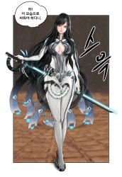 1girl artist_name black_hair border breasts cleavage_cutout clothing_cutout eunssr female_focus full_body highres holding holding_sword holding_weapon korean_text lips long_hair medium_breasts raven_(stellar_blade) speech_bubble stellar_blade swept_bangs sword weapon white_border