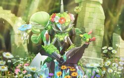 :d bird blurry closed_eyes comfey daisy_(flower) day depth_of_field floette flower flower_wreath gardevoir gen_2_pokemon gen_3_pokemon gen_6_pokemon gen_7_pokemon highres iron_valiant komepan light_rays moss natu nintendo open_mouth outdoors pokemon pokemon_(creature) smile white_flower yellow_flower