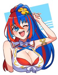 Rule 34 | 1girl, ;d, bikini, blue eyes, blue hair, blush, breasts, cleavage, criss-cross halter, crossed bangs, female alear (fire emblem), female alear (seaside dragon) (fire emblem), fire emblem, fire emblem engage, fire emblem heroes, flower, gold armlet, hair flower, hair ornament, halterneck, highres, kashiwa e3, large breasts, long hair, multicolored bikini, multicolored hair, multicolored swimsuit, nintendo, official alternate costume, official alternate hairstyle, one eye closed, open mouth, ponytail, red bikini, red hair, smile, solo, split-color hair, swimsuit, teeth, two-tone hair, upper body, upper teeth only, very long hair, white bikini