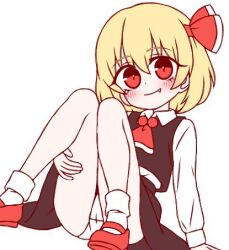 1girl ascot black_skirt black_vest blonde_hair blush bow closed_mouth collared_shirt fang fang_out full_body hair_between_eyes ketsumaimo long_sleeves looking_at_viewer lowres panties red_ascot red_bow red_eyes red_shoes rumia shirt shoes short_hair simple_background sitting skirt skirt_set smile socks solo touhou underwear vest white_background white_panties white_shirt white_socks