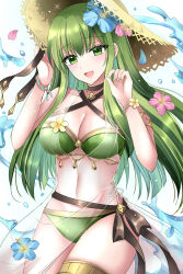 1girl bare_shoulders bikini breasts cleavage criss-cross_halter fire_emblem fire_emblem_echoes:_shadows_of_valentia fire_emblem_heroes flower green_bikini green_eyes green_hair hair_flower hair_ornament halterneck hat highres jewelry kirishima_riona large_breasts long_hair navel nintendo official_alternate_costume palla_(fire_emblem) palla_(summer)_(fire_emblem) sarong see-through_clothes see-through_sarong solo stomach straw_hat sun_hat swimsuit thighlet