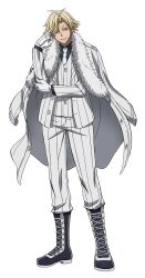 Rule 34 | 1girl, amisaki ryouko, anime coloring, blonde hair, blue boots, boots, collared shirt, formal clothes, full body, gloves, grey shirt, head tilt, jacket, looking at viewer, momomiya tsubakiri, necktie, official art, open mouth, parted lips, shirt, simple background, smile, solo, standing, striped clothes, striped jacket, striped suit, striped vest, suit, teeth, tougen anki, transparent background, vest, white gloves, white jacket, white necktie, white suit, white vest, yellow eyes