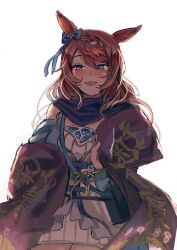 1988 1girl absurdres animal_ears banner blue_bow blue_dress blue_eyes blue_scarf bow braid brown_hair clothing_cutout commentary cowboy_shot dress ear_bow enshuritsu_(eureka0811) fringe_trim half-closed_eyes happy_tears highres holding_banner horse_ears horse_girl kikuka-sho long_hair looking_at_viewer open_mouth scarf short_dress shoulder_cutout simple_background smile solo standing super_creek_(umamusume) tears two-tone_dress umamusume umamusume:_cinderella_gray white_background white_dress