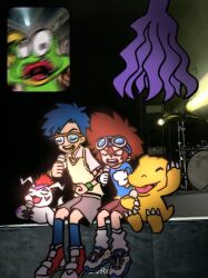 Rule 34 | agumon, digimon, digimon (creature), digimon adventure, gekomon, glasses, goggles, goggles on head, gomamon, highres, kido jo, meme, music, sharp teeth, singing, teeth, tonosamagekomon, yagami taichi