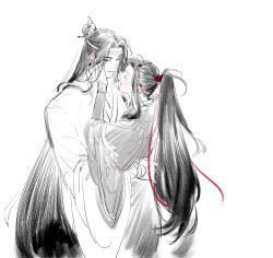 Rule 34 | 2boys, absurdres, ahoge, black hair, black hanfu, blush, chinese clothes, closed eyes, closed mouth, couple, greyscale, hair ribbon, hand on another&#039;s back, hand on another&#039;s face, hanfu, headband, high ponytail, highres, hug, korean commentary, lan wangji, long hair, long sleeves, looking at another, male focus, modao zushi, monochrome, multiple boys, niken (niken ouo), open mouth, ponytail, red ribbon, ribbon, sidelocks, simple background, sketch, smile, spot color, topknot, upper body, very long hair, wei wuxian, white background, white hanfu, white headband, wide sleeves, xiao guan (headdress), yaoi, yellow eyes