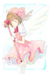 Rule 34 | 1girl, absurdres, anzu yoshihiro, bow, cardcaptor sakura, closed eyes, closed mouth, from side, highres, holding, holding staff, kinomoto sakura, magical girl, puffy short sleeves, puffy sleeves, red bow, short hair, short sleeves, socks, solo, staff, white socks, wings