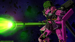ammotu backpack bag beam_cannon cable commentary deviantart_username emblem energy_beam english_commentary exposed_internal_machinery firing geara_zulu geara_zulu_angelo_sauper_custom glowing gundam gundam_unicorn highres lens_flare machinery mecha mecha_focus mobile_suit nebula neo_zeon no_humans one-eyed photoshop_(medium) radio_antenna robot roundel science_fiction shield shoulder_spikes signature space spikes star_(sky)
