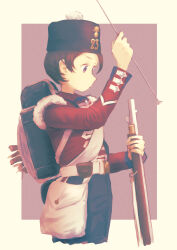 Rule 34 | 1girl, absurdres, ammunition pouch, antique firearm, backpack, bag, belt, black hat, black pants, blue eyes, border, british army, brown hair, caplock, cowboy shot, crimean war, firearm, firelock, gun, gun sling, hat, highres, holding, holding gun, holding weapon, jacket, karasumi (sumizono), long sleeves, military, military combat uniform, military uniform, original, pants, pouch, ramrod, red background, red jacket, reloading, short hair, simple background, soldier, solo, weapon, white belt, white border