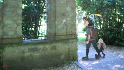 1boy backpack bag black_footwear black_hair black_pants creatures_(company) dark_skin dynamax_band game_freak gen_8_pokemon goh_(pokemon) grey_shirt highres nintendo on_head pants photo_background pokemon pokemon_(anime) pokemon_(creature) pokemon_on_head pokemon_journeys raboot shirt short_hair short_sleeves sobble yas9_9
